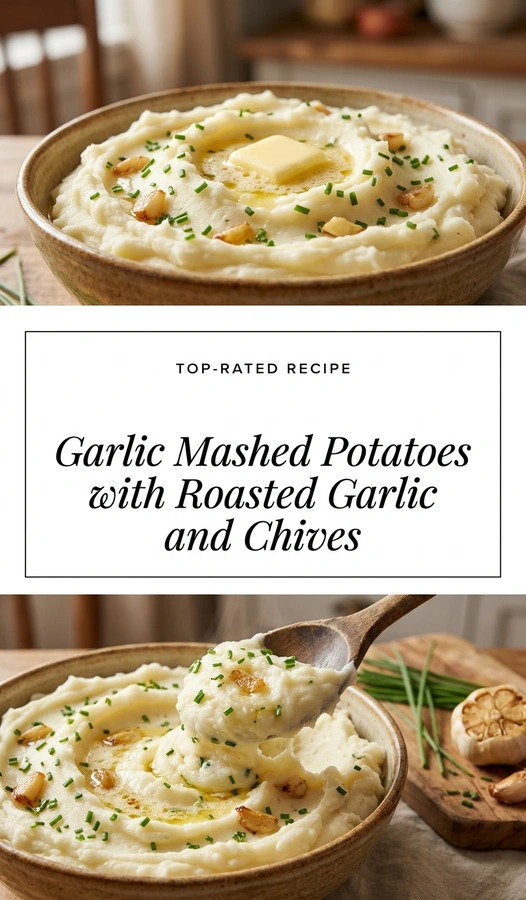 Creamy garlic mashed potatoes in a white bowl, topped with roasted garlic cloves and chopped fresh chives.
