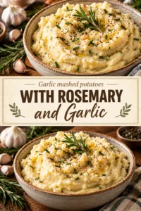 A bowl of creamy mashed potatoes topped with melted butter, minced garlic, and fresh rosemary sprigs.