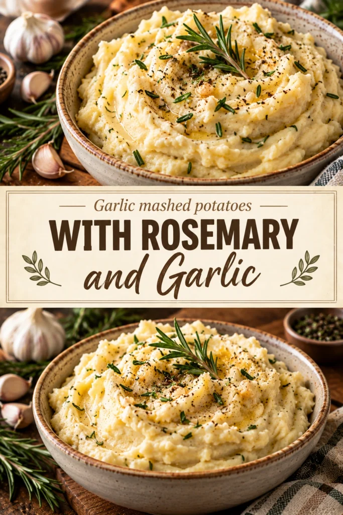 A bowl of creamy mashed potatoes topped with melted butter, minced garlic, and fresh rosemary sprigs.