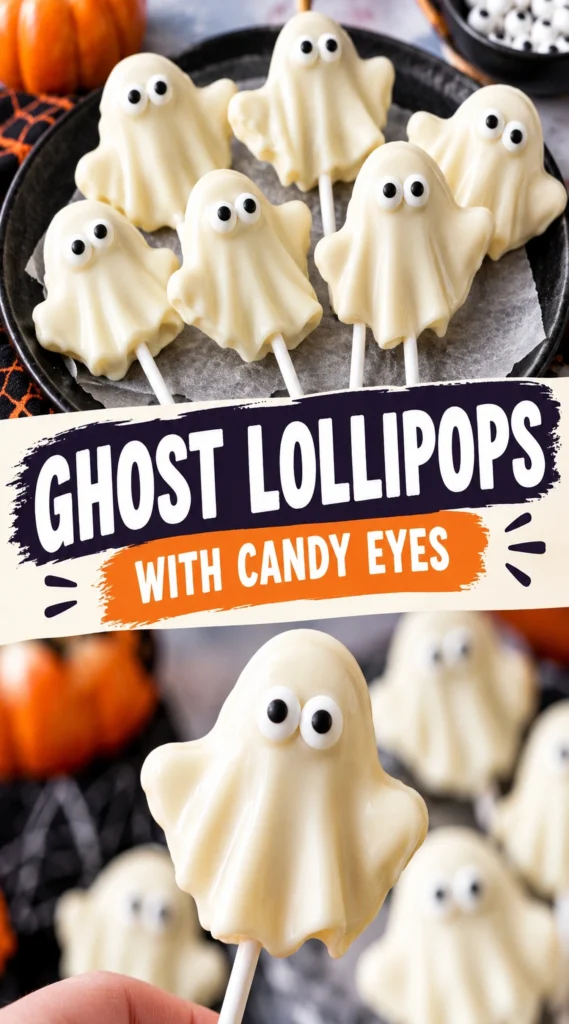 White chocolate ghost lollipops with small candy eyes and smiling mouths, arranged on a plain background.