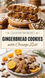 A stack of gingerbread cookies with orange zest, resting on a cooling rack with fresh orange slices and cinnamon sticks.