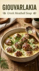 A bowl of Greek meatball soup with small meatballs, carrots, and celery in a clear broth, garnished with parsley.