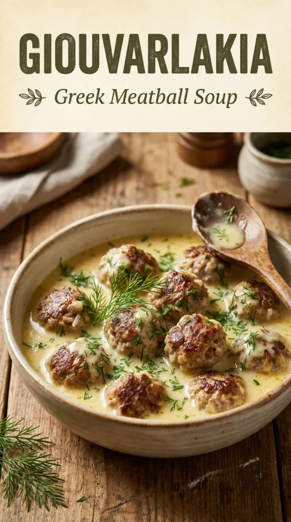 A bowl of Greek meatball soup with small meatballs, carrots, and celery in a clear broth, garnished with parsley.