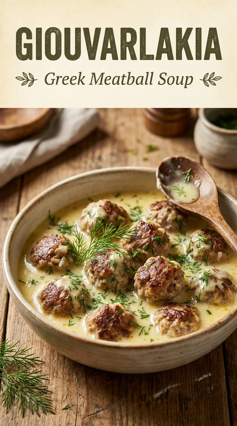 A bowl of Greek meatball soup with small meatballs, carrots, and celery in a clear broth, garnished with parsley.