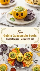 Guacamole in bowls decorated as goblins with sliced olive eyes, a red pepper mouth, and tortilla chip teeth.