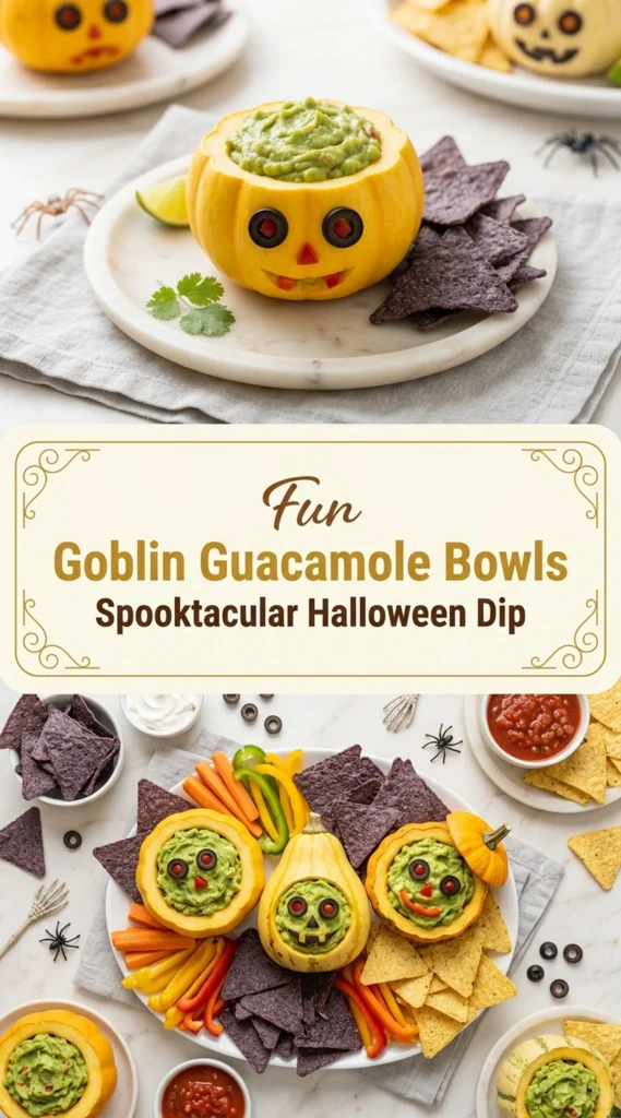 Guacamole in bowls decorated as goblins with sliced olive eyes, a red pepper mouth, and tortilla chip teeth.