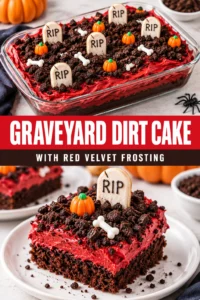 Chocolate cake topped with red velvet frosting and crushed chocolate cookies to look like dirt, decorated with tombstone cookies.
