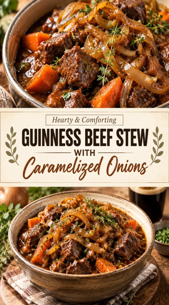A rustic bowl of beef stew with tender chunks of meat, carrots, and caramelized onions in a dark Guinness gravy.