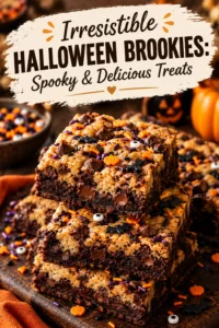 Square Halloween brookies with layers of fudgy brownie and chocolate chip cookie, topped with orange and purple frosting swirls.