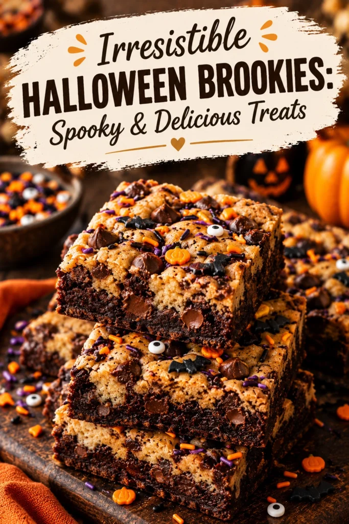 Square Halloween brookies with layers of fudgy brownie and chocolate chip cookie, topped with orange and purple frosting swirls.