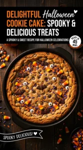 A round Halloween cookie cake decorated with orange frosting, spooky ghost icing, and festive sprinkles on a white plate.
