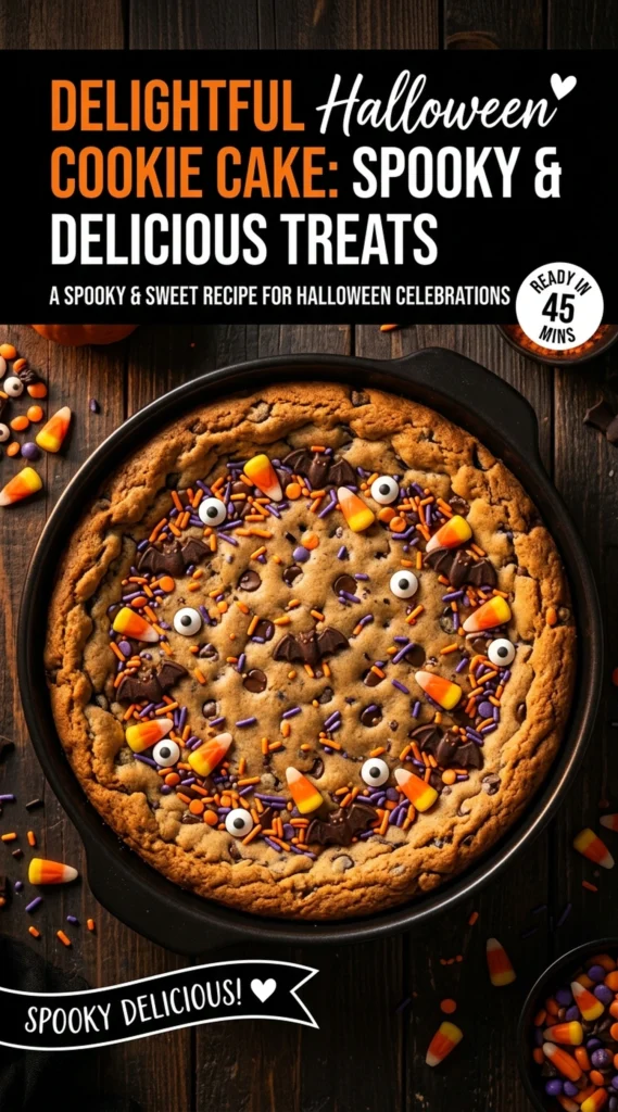 A round Halloween cookie cake decorated with orange frosting, spooky ghost icing, and festive sprinkles on a white plate.
