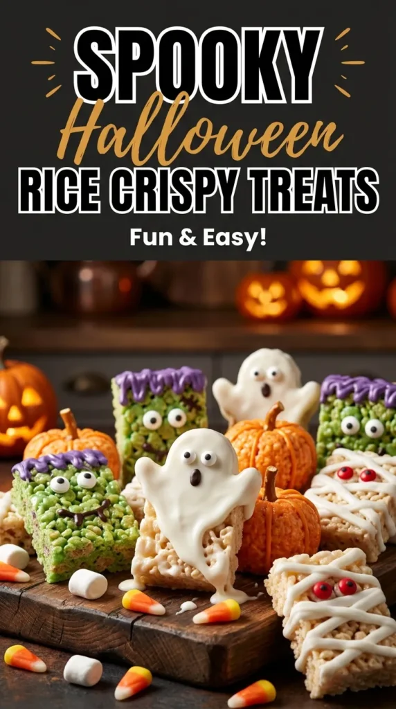 Rice crispy treats shaped like ghosts and pumpkins, decorated with candy eyes and orange frosting on a white platter.