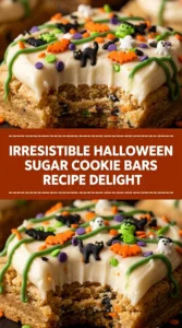 Square sugar cookie bars topped with orange frosting and small candy corn pieces, sliced into rectangles on a platter.