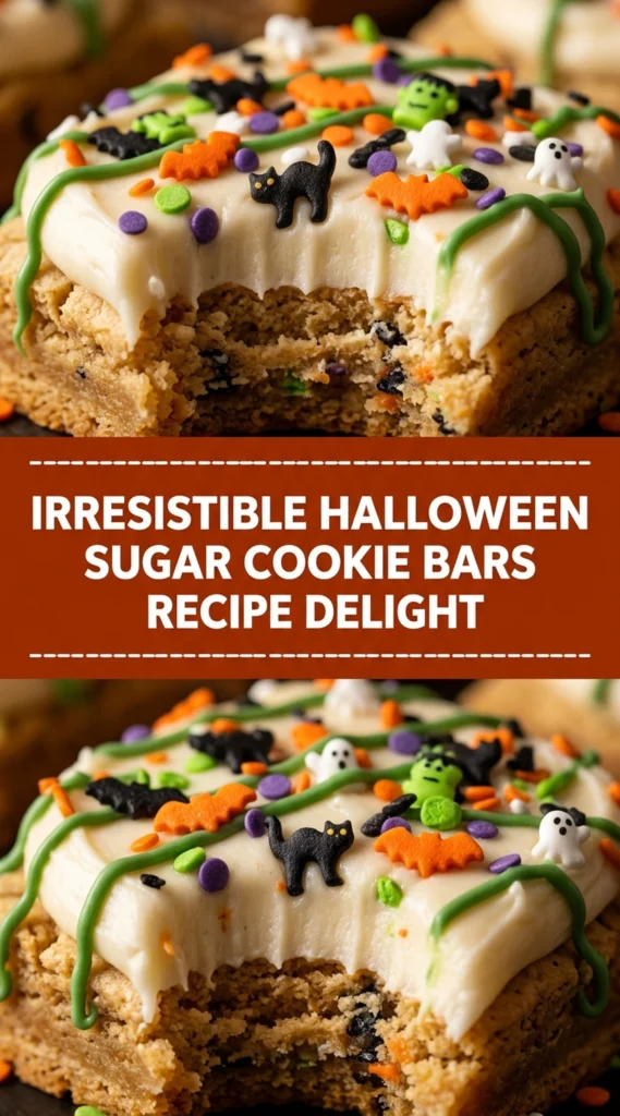 Square sugar cookie bars topped with orange frosting and small candy corn pieces, sliced into rectangles on a platter.