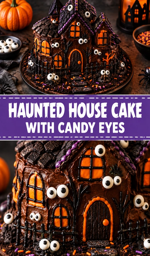 A spooky house-shaped cake with grey frosting, topped with edible candy eyes and dark chocolate accents on a platter.
