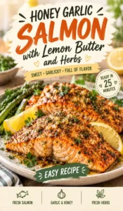 Seared salmon fillets glazed in honey garlic sauce, topped with melted lemon butter, fresh parsley, and lemon slices.