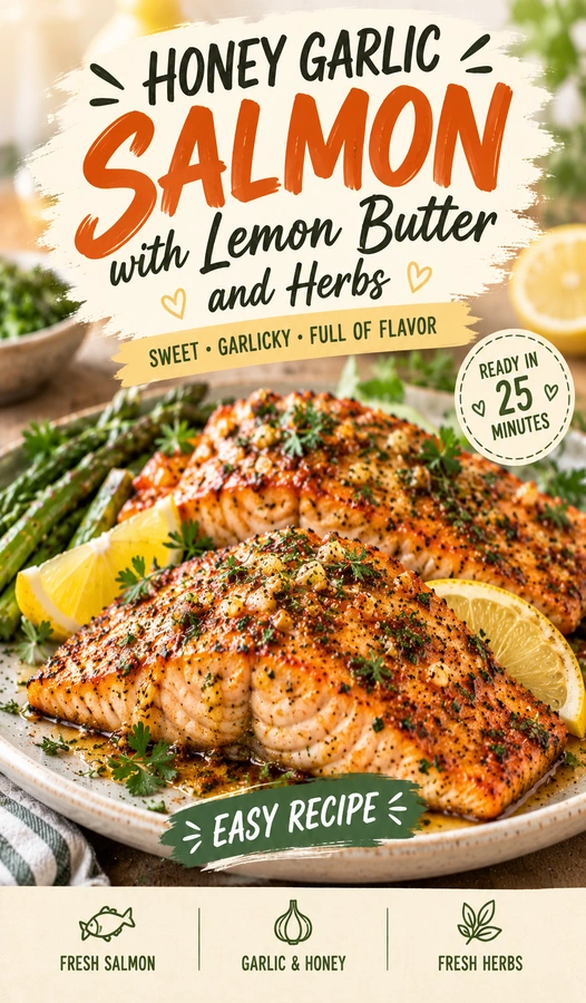 Seared salmon fillets glazed in honey garlic sauce, topped with melted lemon butter, fresh parsley, and lemon slices.