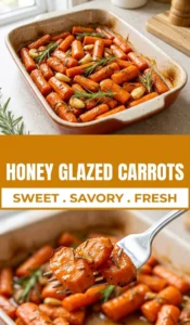 Roasted honey glazed carrots with garlic and fresh rosemary sprigs served on a white platter.