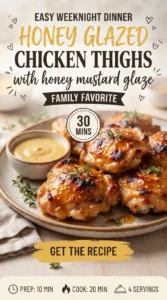 Golden-brown glazed chicken thighs on a platter, garnished with fresh parsley and served with a side of honey mustard.