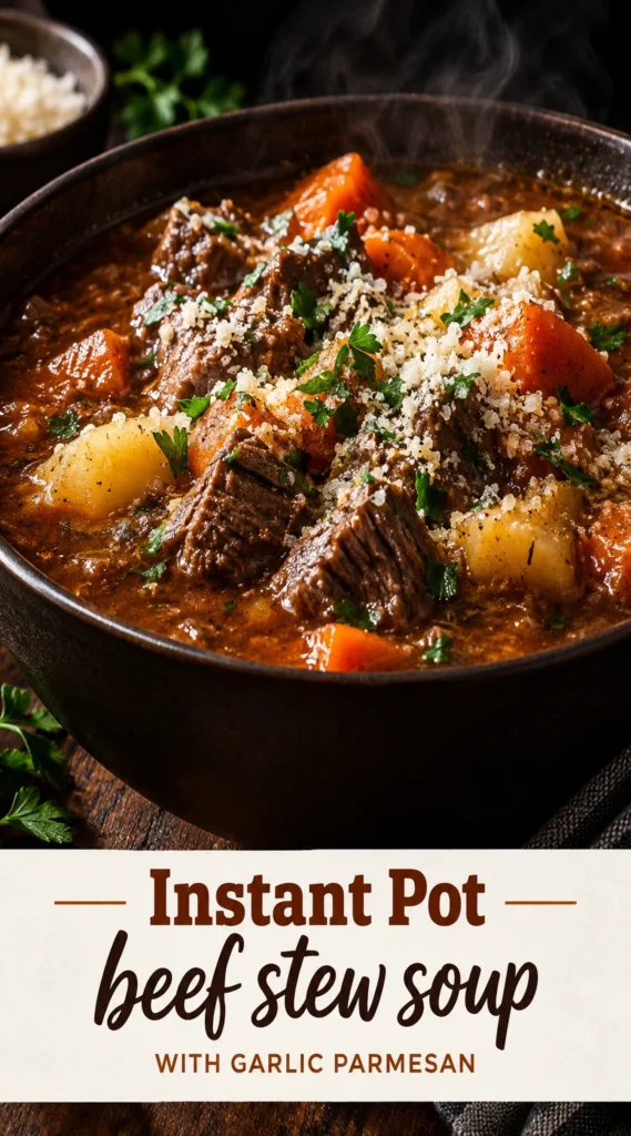A bowl of hearty beef stew with tender chunks of meat, carrots, and potatoes, topped with grated Parmesan cheese.