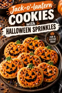 Orange pumpkin-shaped sugar cookies decorated with jack-o'-lantern faces and colorful Halloween sprinkles on a neutral background.