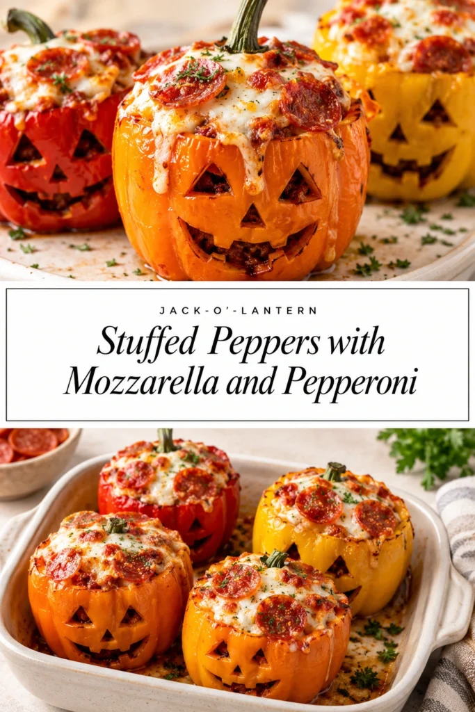Orange bell peppers carved like jack-o'-lanterns, stuffed with melted mozzarella cheese and topped with slices of pepperoni.