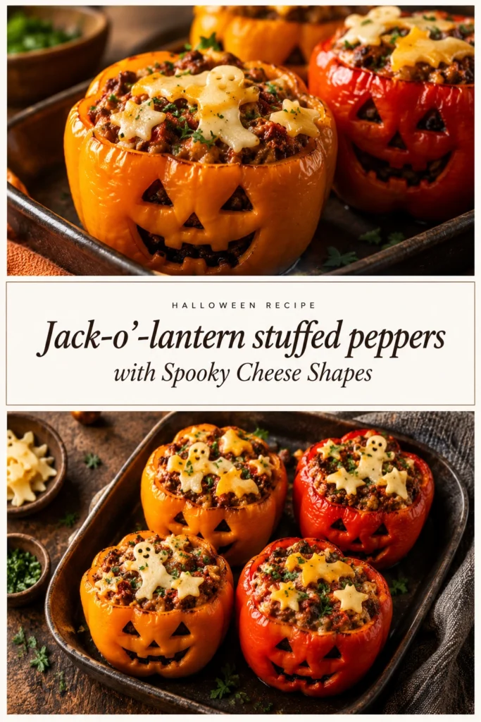 Orange bell peppers carved like jack-o'-lanterns, stuffed with meat and topped with melted cheese shaped like ghosts.