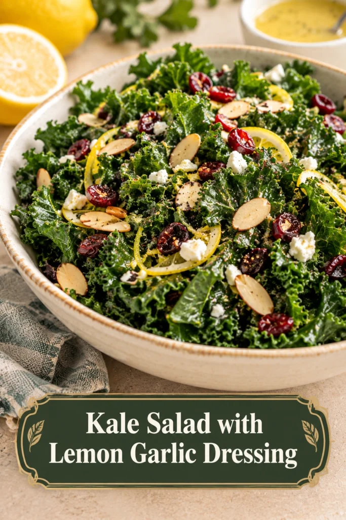 Fresh kale salad in a white bowl tossed with lemon garlic dressing, topped with slivered almonds and parmesan cheese.