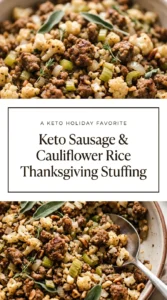 Keto sausage and cauliflower rice stuffing in a baking dish, garnished with fresh parsley and toasted celery.