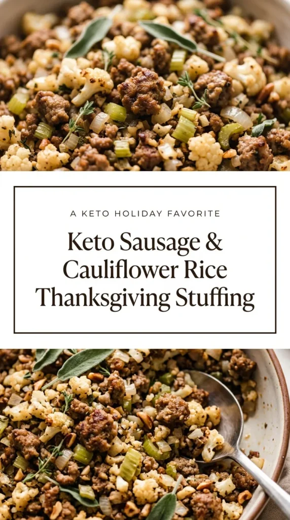 Keto sausage and cauliflower rice stuffing in a baking dish, garnished with fresh parsley and toasted celery.