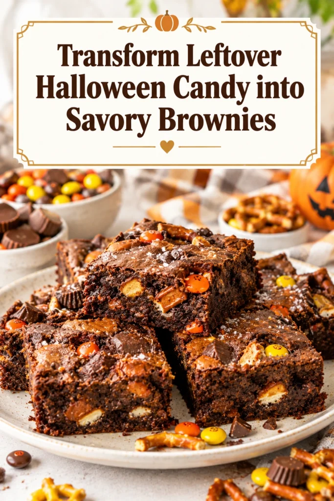 Square cut brownies topped with melted chocolate and colorful pieces of assorted Halloween candy on a baking sheet.