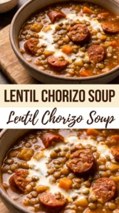 A bowl of smoky lentil and chorizo soup garnished with fresh parsley and served with a crusty bread slice.