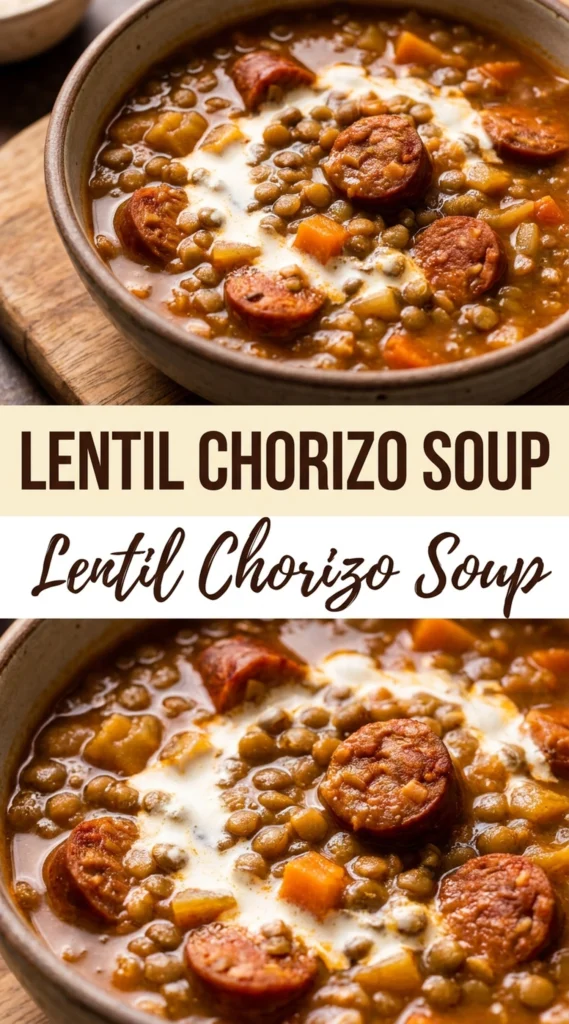 A bowl of smoky lentil and chorizo soup garnished with fresh parsley and served with a crusty bread slice.
