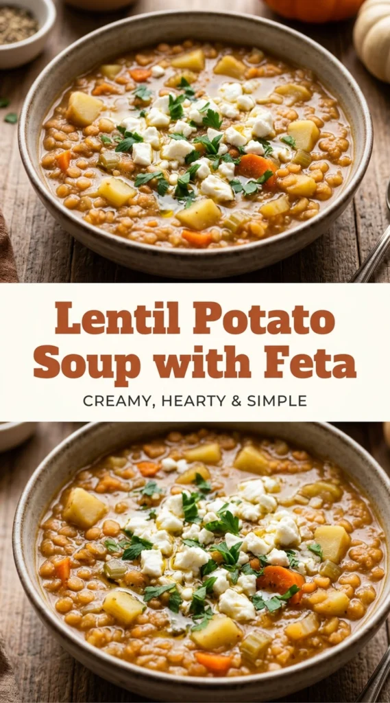 Bowl of hearty lentil and potato soup topped with crumbled feta cheese and fresh parsley on a rustic table.