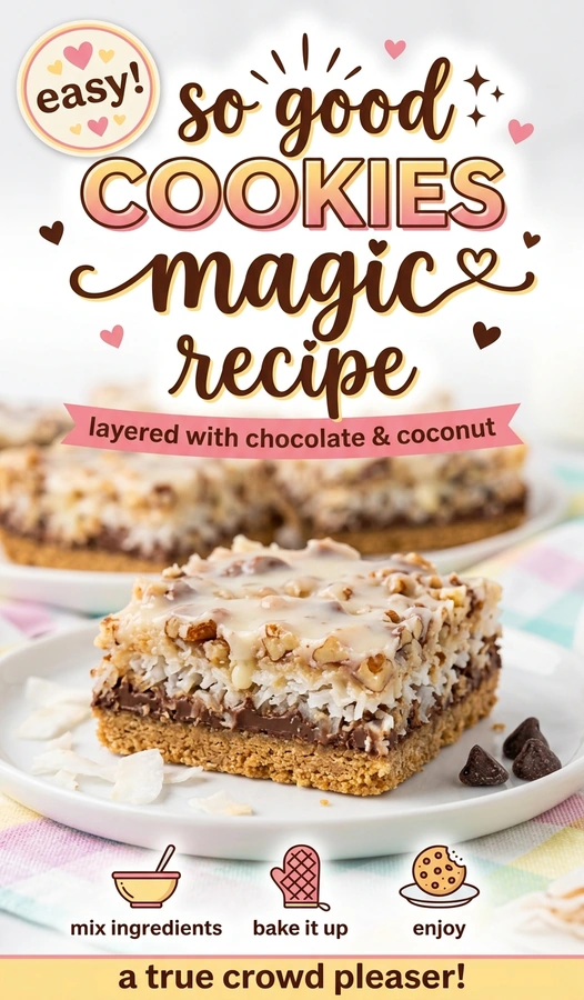 Square slices of magic cookie bars featuring layers of chocolate chips, coconut, and pecans on a buttery graham cracker crust.