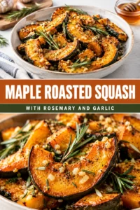 Roasted cubes of butternut squash glazed in maple syrup, garnished with fresh rosemary sprigs and minced garlic cloves.