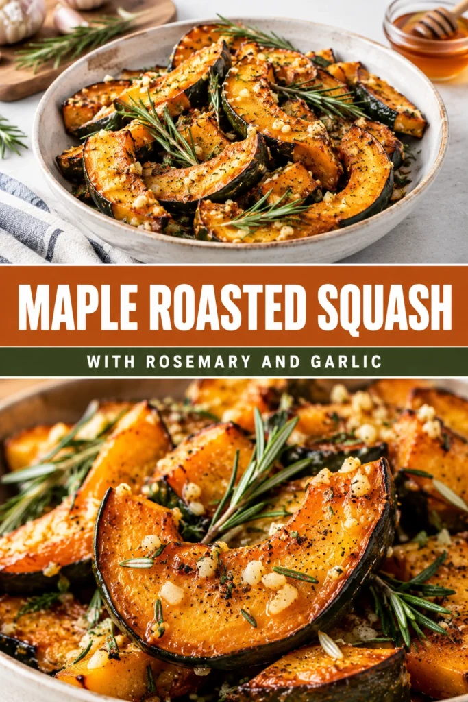 Roasted cubes of butternut squash glazed in maple syrup, garnished with fresh rosemary sprigs and minced garlic cloves.