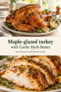 Whole roasted turkey with a glossy maple glaze on a platter, garnished with fresh herbs and melted garlic butter.