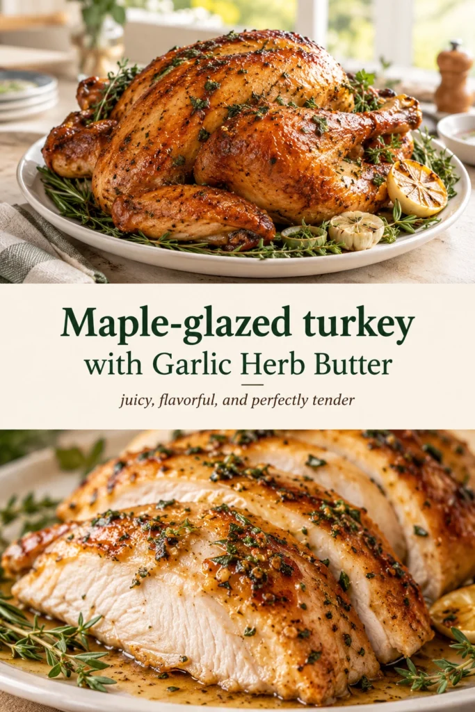 Whole roasted turkey with a glossy maple glaze on a platter, garnished with fresh herbs and melted garlic butter.