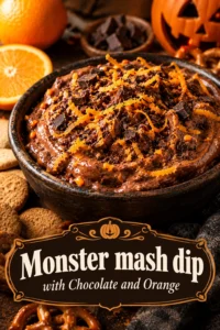 A bowl of chocolate dip garnished with orange slices and monster-themed decorations, served with fruit and cookies.