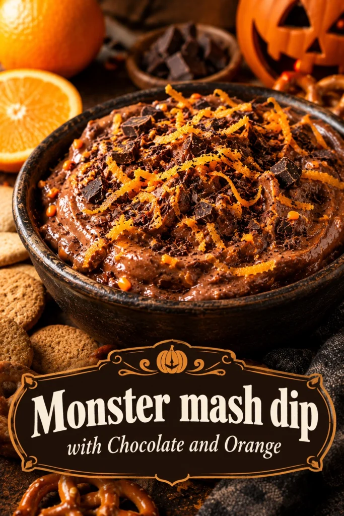 A bowl of chocolate dip garnished with orange slices and monster-themed decorations, served with fruit and cookies.