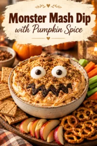 Creamy pumpkin spice dip in a bowl topped with a monster face made of candy eyes and pretzels.