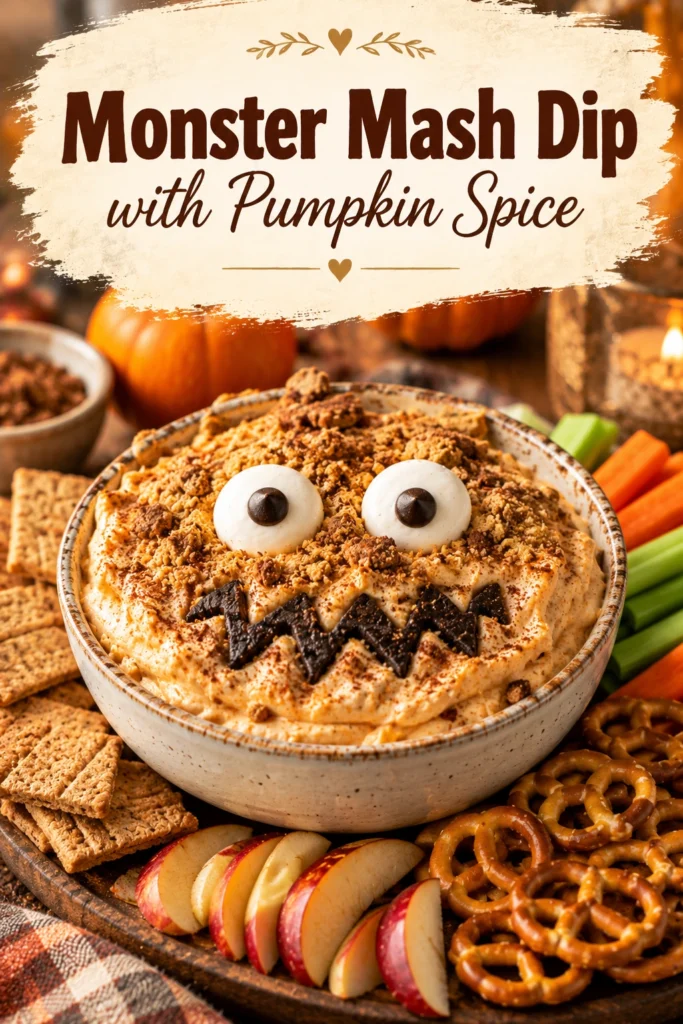 Creamy pumpkin spice dip in a bowl topped with a monster face made of candy eyes and pretzels.