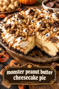 A slice of peanut butter cheesecake pie in a graham cracker crust, topped with chocolate drizzle and crushed nuts.