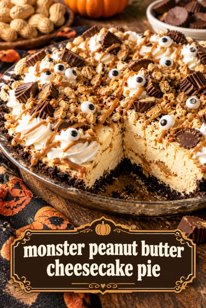 A slice of peanut butter cheesecake pie in a graham cracker crust, topped with chocolate drizzle and crushed nuts.
