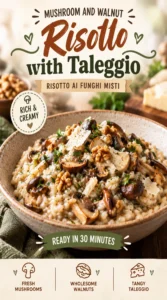 Creamy mushroom and walnut risotto in a shallow bowl, topped with melted Taleggio cheese and fresh parsley garnish.