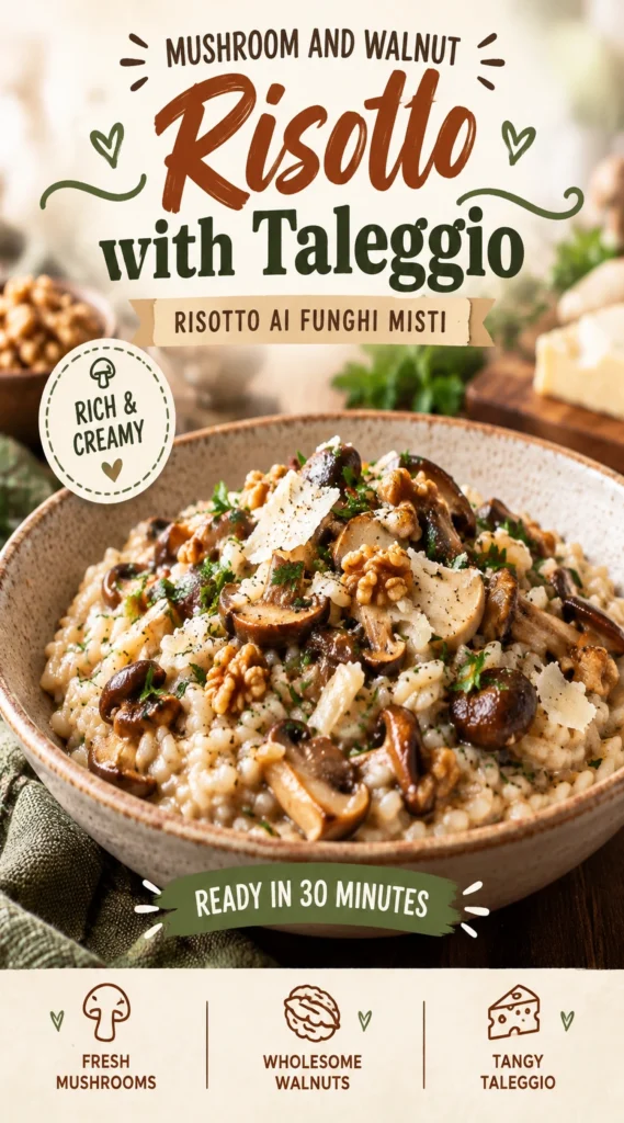 Creamy mushroom and walnut risotto in a shallow bowl, topped with melted Taleggio cheese and fresh parsley garnish.