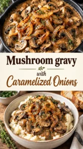 Creamy brown mushroom gravy with caramelized onions in a white bowl, garnished with fresh chopped parsley.