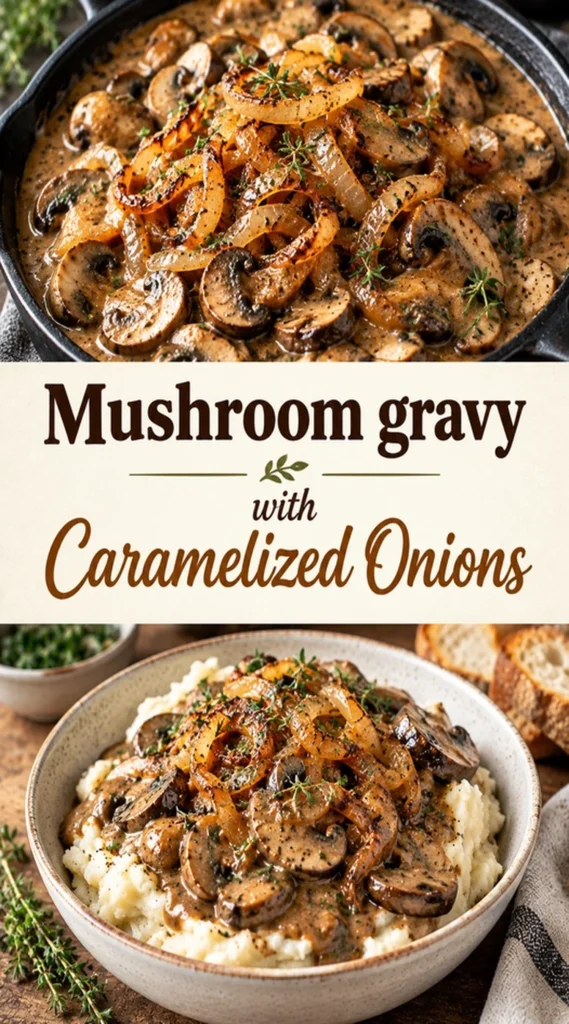 Creamy brown mushroom gravy with caramelized onions in a white bowl, garnished with fresh chopped parsley.